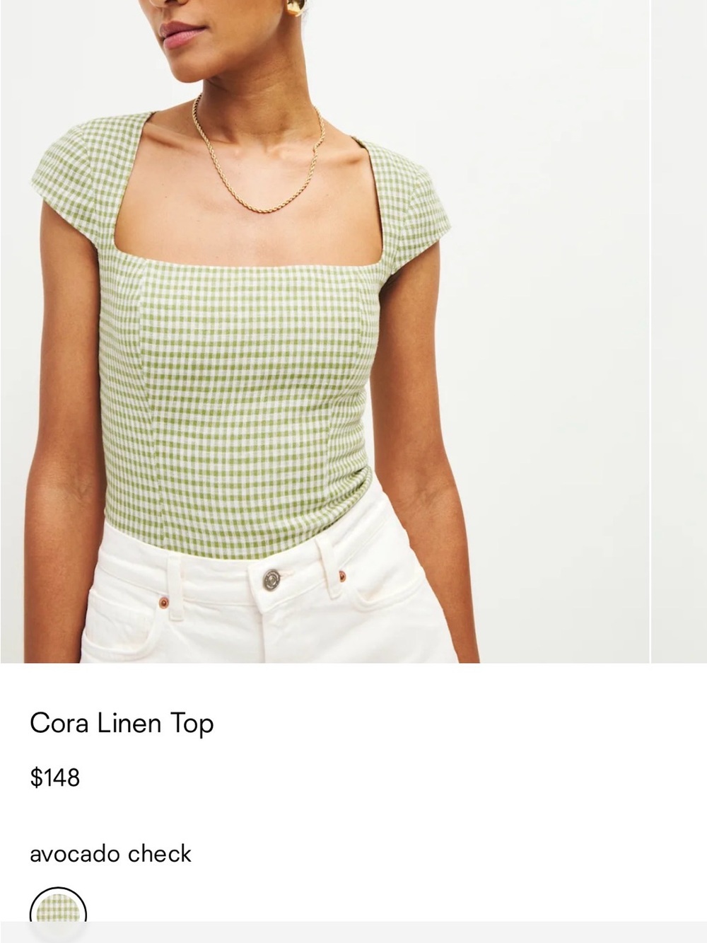Reformation Cora Linen Top - Avocado Check Green